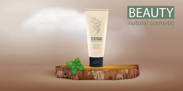 3 Boyutlu Minimal Tahta Podyum beton duvara karşı doğal renk ve okaliptüs gölgeleri ürün gösterisi, sunum, kaide için. Gerçekçi vektör ahşap yuvarlak podyum