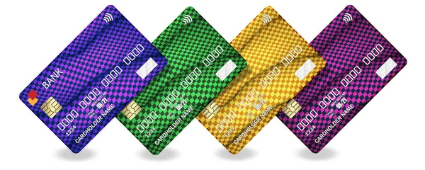 Cartões plásticos de crédito realista em um design abstrato em cores diferentes. Tecnologias financeiras bancárias. Método de pagamento. Ilustração vetorial — Vetor de Stock