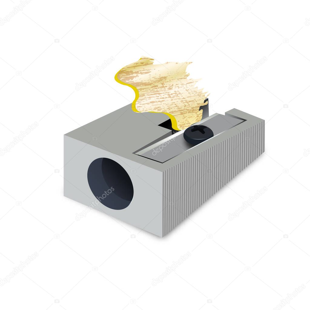 metal pencil sharpener with shavings. Vector illustration of sharpening a pencil. Design of a school poster, signboard, booklet, notebook