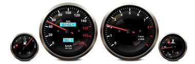 Car dashboard speedometer, tachometer gauge, fuel and engine temperature digital led light indicators Vector realistic isolated elements of car dash board panel gauges clipart