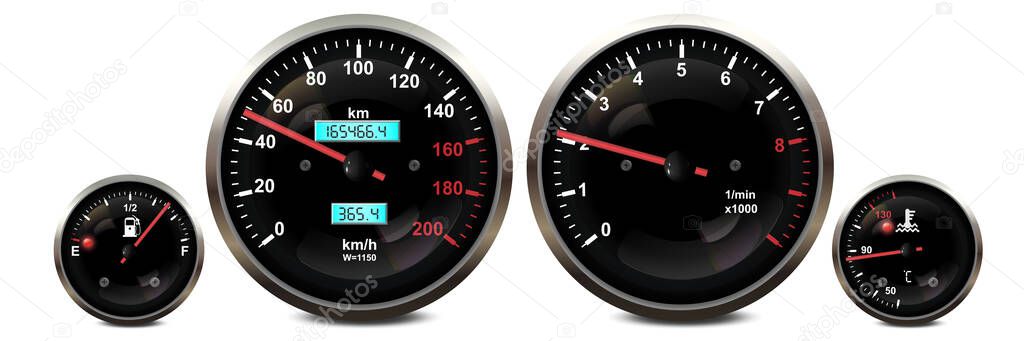 Car dashboard speedometer, tachometer gauge, fuel and engine temperature digital led light indicators Vector realistic isolated elements of car dash board panel gauges