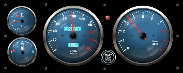 車のダッシュボードの速度計 タコメータゲージ 燃料およびエンジン温度デジタルLedライトインジケータ車のダッシュボードパネルゲージのベクトル現実的に分離された要素 — ストックベクタ