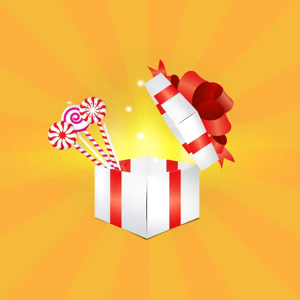 Vector Illustration Open Gift Box Lollipops Halftone Background Rays Sunny — Image vectorielle