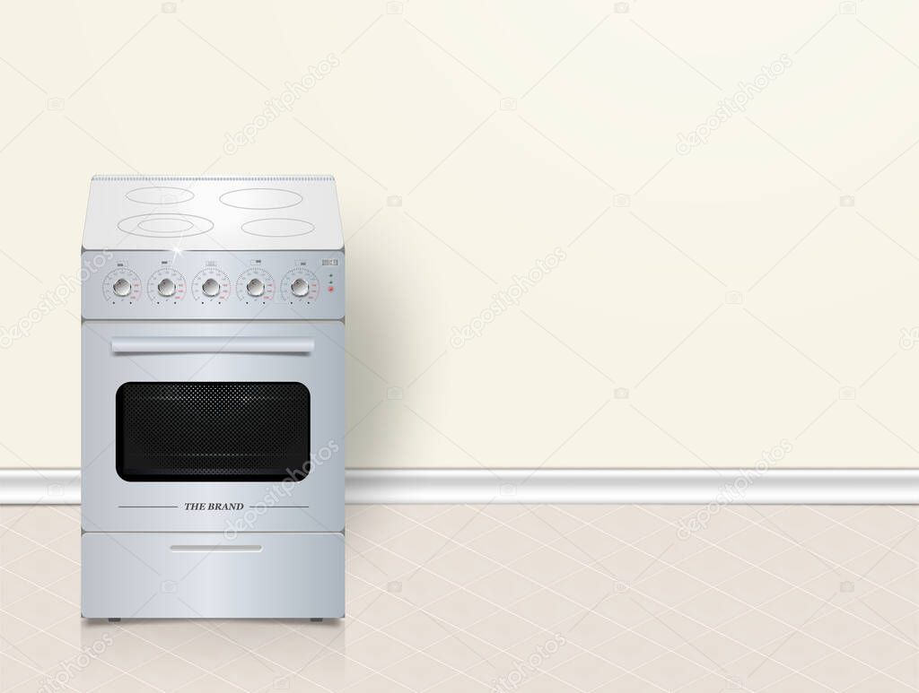Vector 3D white kitchen stove on the tiles. Kitchen appliances background illustration. Kitchen design, room cleaning