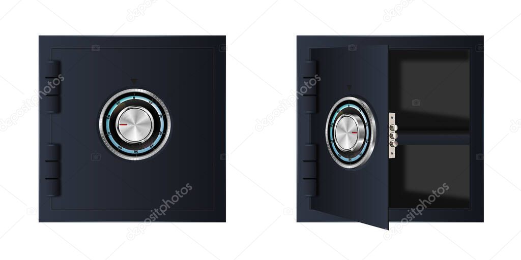 Set of open and closed black safe. Armored bank vault door with a combination lock. Reliable data protection. Long term storage. Safe icon. Protection of personal information