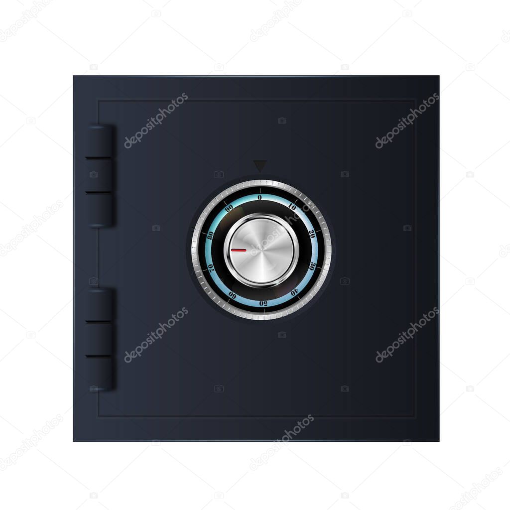 Closed black safe. Armored bank vault door with a combination lock. Reliable data protection. Long term savings. Safe icon. Protection of personal information