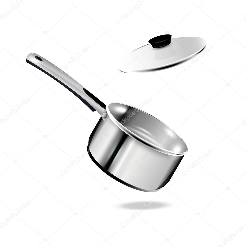 Vector realistic mockup of empty steel saucepan and with handl and lid. Stainless kitchen utensil isolated on white background