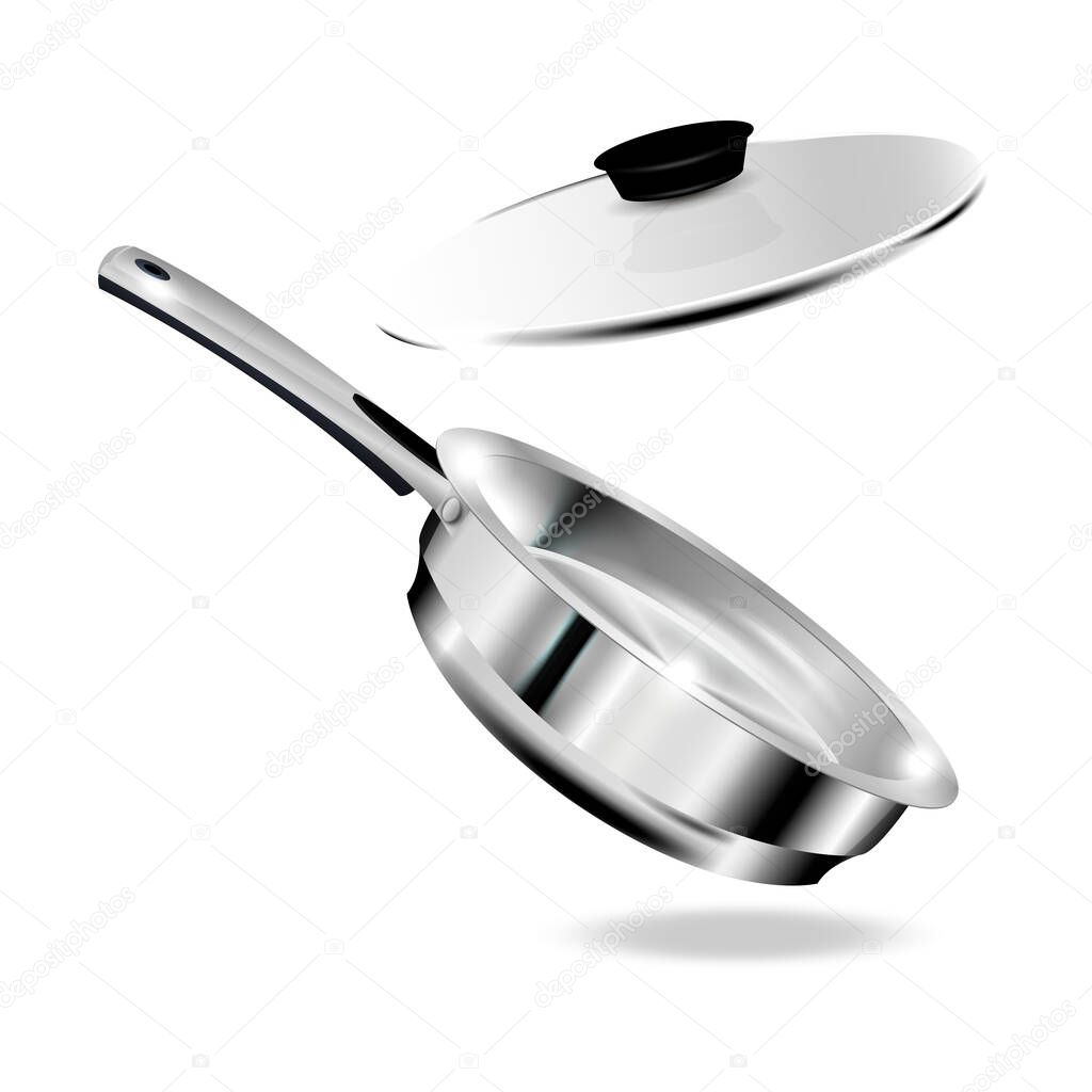 Vector realistic mockup of empty steel frying pan with handle and lid. Stainless steel cookware isolated on white background