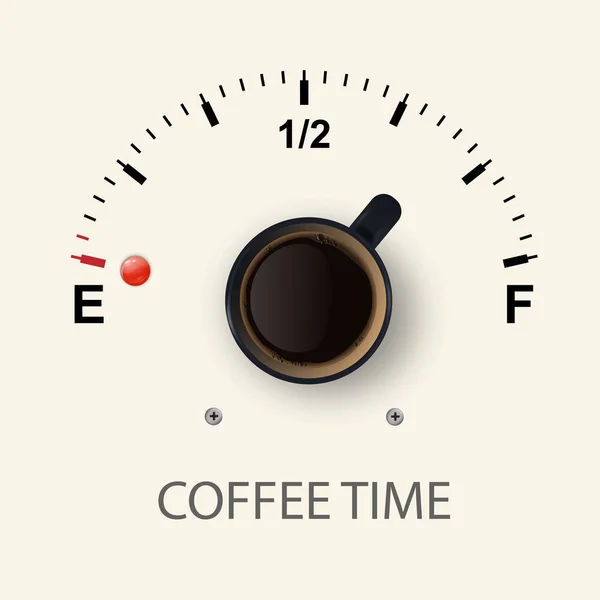 コーヒーの時間だ 白い背景にブラックコーヒーと燃料ゲージでベクトル3Dリアルなブラックマグカップ コンセプトコーヒーカップとコーヒーについてのフレーズとバナー デザインテンプレート トップ表示 — ストックベクタ