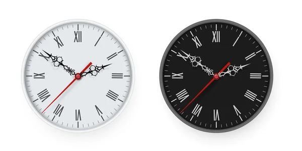 一套壁上型办公室时钟为白色和黑色图标 矢量设计模板的闭包 在透明的背景下模仿品牌和广告 — 图库矢量图片