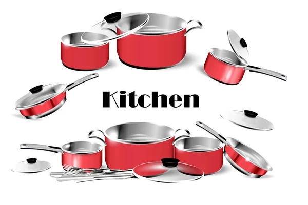Realistyczne czerwone naczynia. Stalowe garnki kuchenne z peleryną, metalowym rondlem i patelnią, izolowane naczynia. Wizerunek wektorowy 3D chrom patelnia i naczynia kuchenne — Wektor stockowy