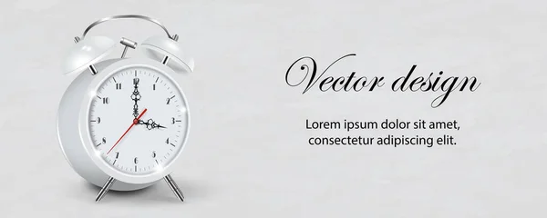 Vector 3D realistischer weißer Wecker. Design-Vorlage, Banner mit Wecker mit schwarzem Zifferblatt. Mockup für Branding — Stockvektor