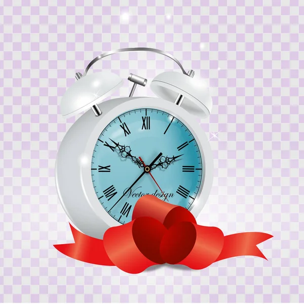 Vector 3d reloj despertador blanco realista en destellos con cinta roja. Plantilla de diseño, banner con despertador con esfera negra sobre fondo azul. Burla para el branding — Archivo Imágenes Vectoriales
