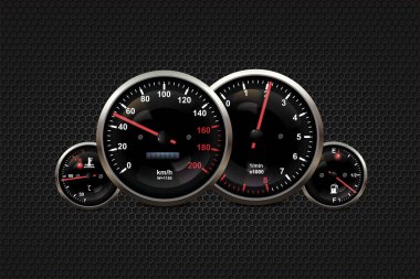 Araç kontrol paneli hız göstergesi, takometre, yakıt ve motor sıcaklığı için dijital LED göstergeleri. Araç gösterge panelinin gerçekçi ögeleri kümesi.