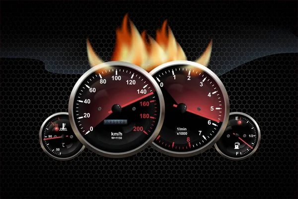 Car dashboard speedometer, tachometer, digital LED indicators for fuel and engine temperature. Vector realistic elements of car dashboard instrument panel in fire. — Stock Vector