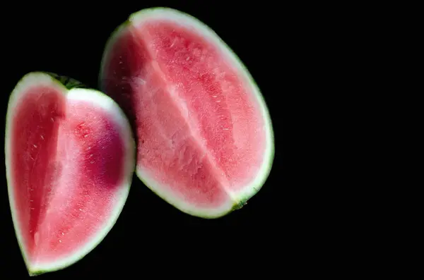 Two Pieces Fresh Ripe Watermelon One Top Other Black Background — Stock Photo, Image