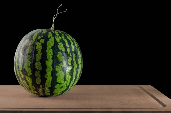 Fresh Ripe Watermelon Wooden Board Black Background — Stock Photo, Image