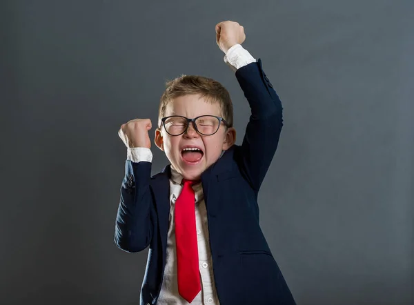 Happy Smiling Boy Suit Raised Hands Win Position School Leader — Foto Stock