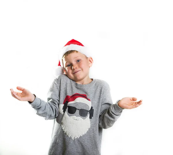 Portrait Child Confused Doubting What Choose Little Santa Clause Face — Stock Photo, Image