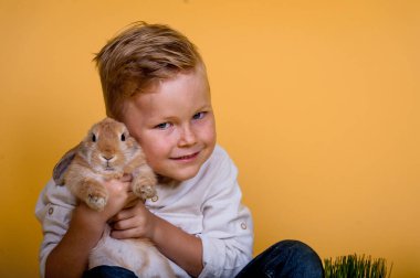 Elinde tavşan olan komik çocuk. Çocuk tavşanla oynuyor. Paskalya tatili.