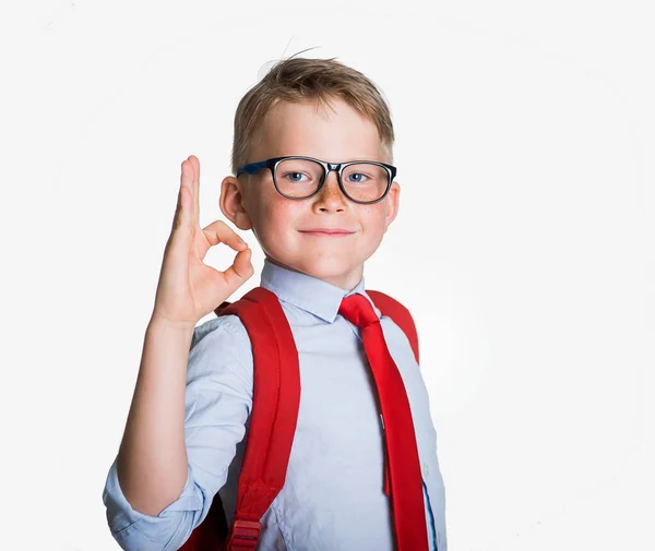 Mladý školák ukazuje OK izolované na bílém pozadí. Blonďatý kluk s pihovatým obličejem hledící na kameru s jistotou. Stylové dítě v modré košili a červené kravatě vrátit do školy — Stock fotografie