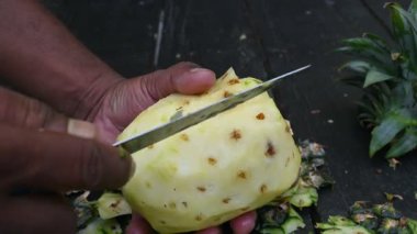 Ananas, ananas konservesi, meyve, tropikal, tatlı, sağlıklı, taze, organik, yeşil, olgun, lezzetli, yemek, bromelain, sulu, canlı, kapalı alan, stüdyo çekimi, ananas kabuğu soyma, meyve soyma, bıçak, el, yürüme, meyve dükkanı, 