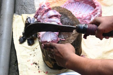 Keçi eti doğrama. Hint köyündeki geleneksel demir aletlerden taze çiğ ya da pişmemiş koyun eti. Keçi etini küçük parçalara ayırmak..