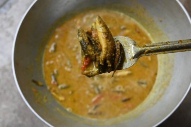 Küçük Yılankafa ya da Channa orientalis balığı. Geleneksel Asya balık köri yemeği. Hint mutfağı Bengali Balık Körisi. Asya yemeği ve yemeği. Lezzetli Hint balığı körisi. Hint yemeği..
