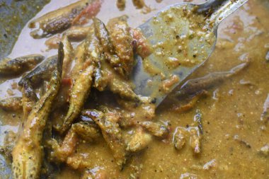 Küçük Yılankafa ya da Channa orientalis balığı. Geleneksel Asya balık köri yemeği. Hint mutfağı Bengali Balık Körisi. Asya yemeği ve yemeği. Lezzetli Hint balığı körisi. Hint yemeği..