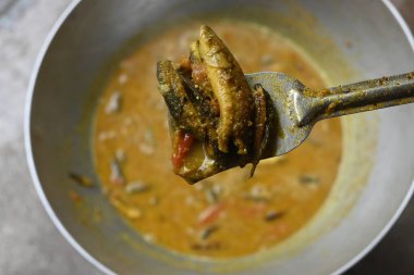 Küçük Yılankafa ya da Channa orientalis balığı. Geleneksel Asya balık köri yemeği. Hint mutfağı Bengali Balık Körisi. Asya yemeği ve yemeği. Lezzetli Hint balığı körisi. Hint yemeği..