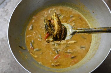 Küçük Yılankafa ya da Channa orientalis balığı. Geleneksel Asya balık köri yemeği. Hint mutfağı Bengali Balık Körisi. Asya yemeği ve yemeği. Lezzetli Hint balığı körisi. Hint yemeği..