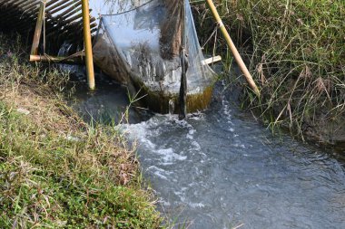 Geleneksel bir bambu ve ağlı balıkçı tuzağı dar, akan bir derede kurulur. Yapı, eğimli bambu direklerini su ve balığı ince mavi bir ağa çekmek için kullanır. Sürdürülebilir balıkçılık yöntemi.