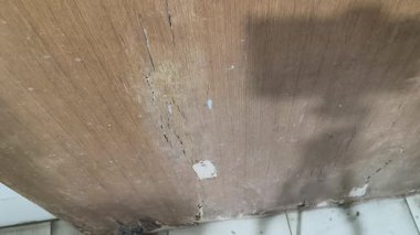 Hasarlı ahşap bir kapı. Büyük, pürüzlü bir delik içerideki parçalanmış beyaz dokuyu ortaya çıkarır. Bu da termit istilasını gösterir. Çevreleyen ahşap açık kahverengidir, içi ise içi boş ve çürüktür..