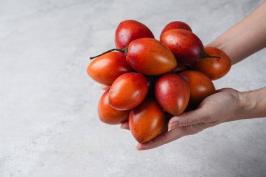 Tamarillo meyvesi (Endonezya: terong belanda). Hollanda yumurta planı
