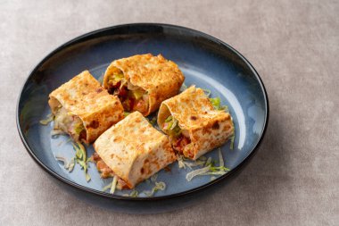 Tavuklu shawarma sandviçi taze rulo, ızgara et ve salata soslu tortilla dürümü. Lavaşlı Türk Doner Kebabı - Shawarma tavuğu