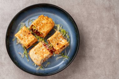 Tavuklu shawarma sandviçi taze rulo, ızgara et ve salata soslu tortilla dürümü. Lavaşlı Türk Doner Kebabı - Shawarma tavuğu