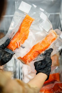 Buza yerleştirilmiş donmuş somon filetosu taze doku ve parlak turuncu rengi gösteriyor. Deniz ürünleri menüleri, sağlıklı gıda konseptleri, yemek hazırlama ve yemek malzemeleri için ideal..