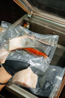 Donmuş somon filetosu taze doku ve parlak turuncu rengi gösteriyor. Deniz ürünleri menüleri, sağlıklı gıda konseptleri, yemek hazırlama ve yemek malzemeleri için ideal..