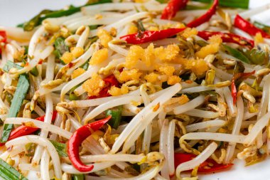 Tumis Tauge ikan asin ya da Salted Bean Sprout Endonezya 'nın geleneksel yemeklerinden biridir. Tabakta servis edilen tuzlu balıkla pişirilmiş sotelenmiş fasulye filizi ve izole edilmiş gri arka plan..