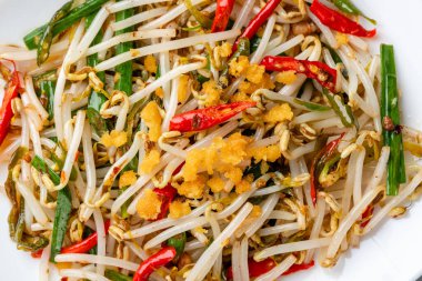 Tumis Tauge ikan asin ya da Salted Bean Sprout Endonezya 'nın geleneksel yemeklerinden biridir. Tabakta servis edilen tuzlu balıkla pişirilmiş sotelenmiş fasulye filizi ve izole edilmiş gri arka plan..