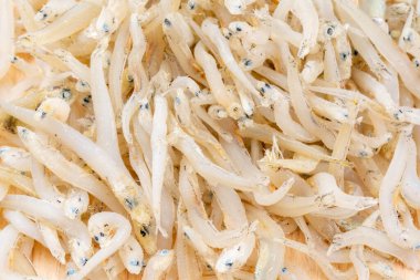 Beyaz Arkaplanda taze kurutulmuş ançüez. Çiğ tuzlanmış deniz balığı. Tuzlu su arısı balığı. Ikan asin teri medan.