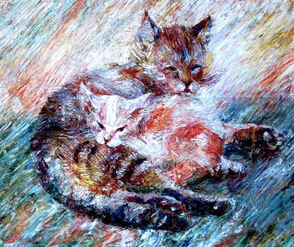 De grote kat met de kleine gember kitten liggen op het tapijt — Stockfoto