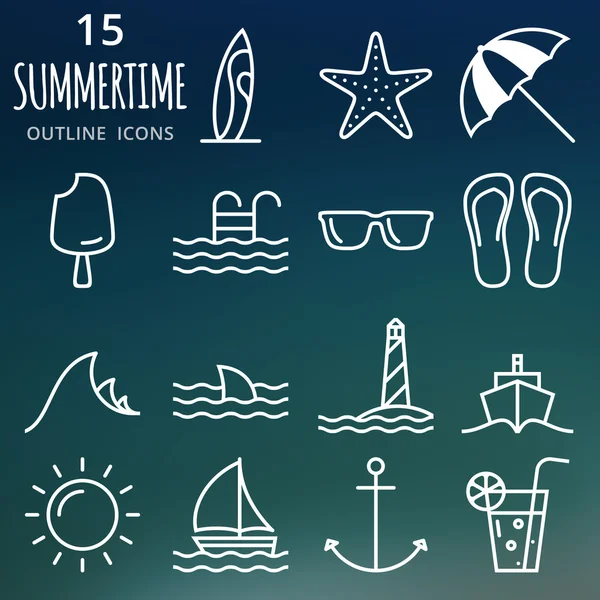 Set di icone estive. Icone di contorno vettoriale perfette pixel — Vettoriale Stock