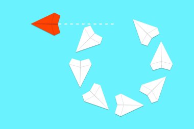 Liderlik ya da kişisel gelişim kavramı. Kırmızı kağıt uçak öne çıkıp uçuyor. Ayrıca farklı bir yol izlemeyi, ayakta durmayı, yeniliği, yaratıcılığı ve icadı sembolize eder..