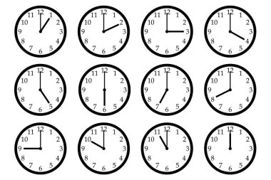 Farklı zamanları gösteren 12 saat simgesi kümesi.