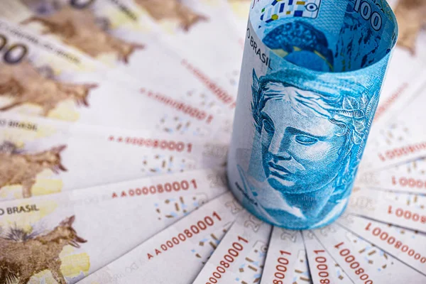 Billetes 100 Reales 200 Reales Dinero Brasil Imagen Conceptual Para — Foto de Stock