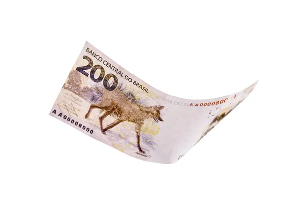 Kétszáz Reais Bankjegy Szabadesésben Pénzeső Fehér Háttérrel Egyszeri Fókusz Infláció — Stock Fotó