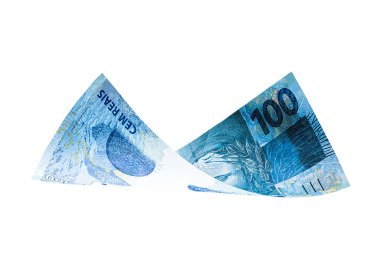100 reais banknot düşüyor, Brezilya 'dan 100 reais banknot izole beyaz arka planda