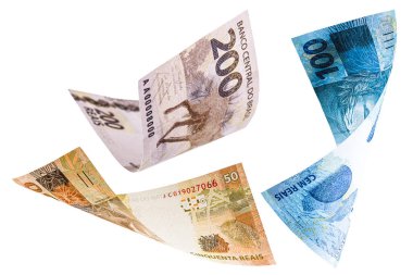 many banknotes from brazil falling on white background, two hundred, one hundred and fifty reais in free fall clipart