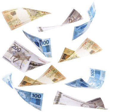 Brezilya 'dan gelen bir sürü banknot beyaz arka plana düşüyor. Serbest düşüşte iki yüz elli reis.